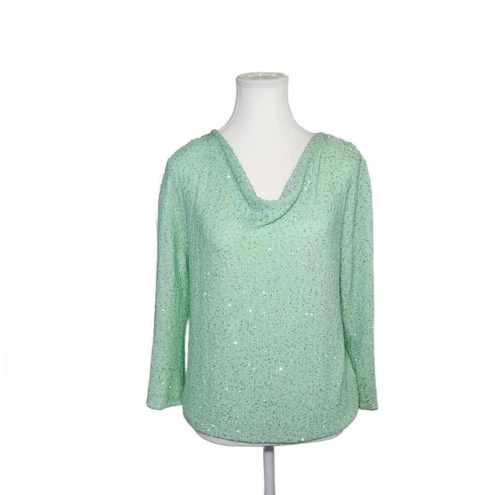 Emaline Women's Petite Green Sequin Blouse Size Large Plus
